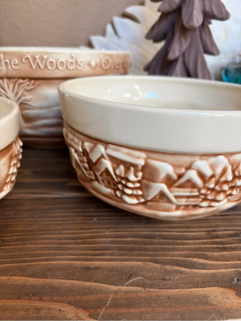 THT Designs Over The River Through Ceramic Bowls Set of 3 & Flocked Brown Trees